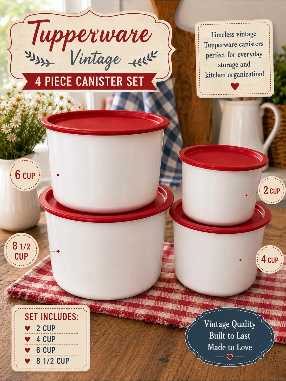 Tupperware White Bases with Red Lids - Round Food Storage Set